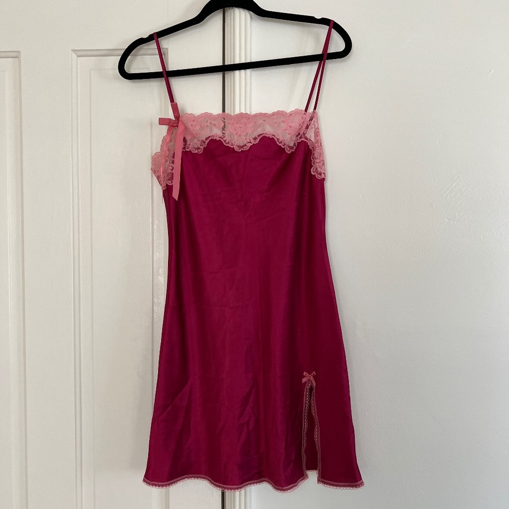 Victoria's Secret Hot Pink & Light Pink Lace Trim Slip Chemise